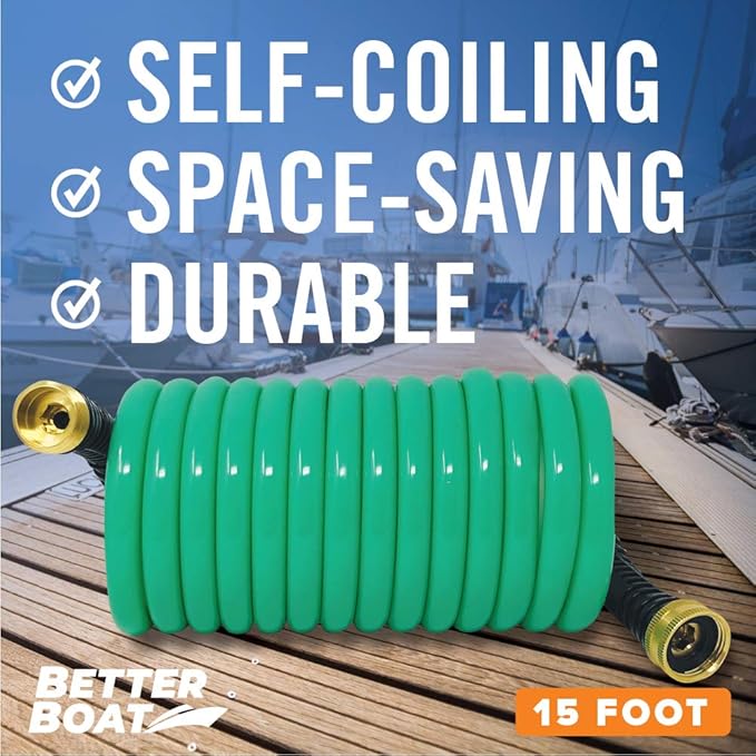 15FT Coiled Boat Hose, Expandable Coil Water Hose, Marine Grade 34 Inch Connectors, Perfect for RV Wash, Garden, and Marine Washdown, Self-Recoil Design, 15 Foot Length