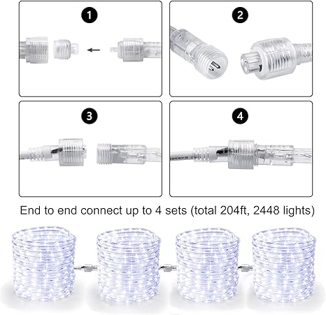 Brizled Rope Lights, 51ft 612 LED Rope Lights, 120V Plugin Christmas Rope Lights Connectable, Waterproof Cool White Indoor Outdoor Tube Lights Flexible for Holiday Garden Yard Corridor Patio Decor