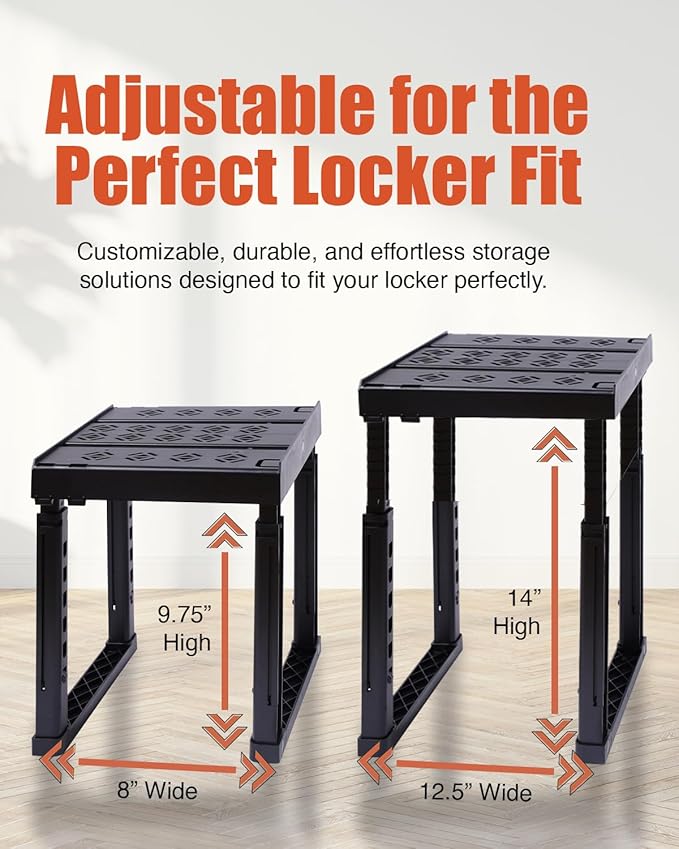 Locker Organizer Shelf, Adjustable Width and Height, Stackable, Ideal Locker Shelf for School, Office, Gym Lockers, or Even Kitchen Cabinets Under Sink Organization (Black 1 Pack)