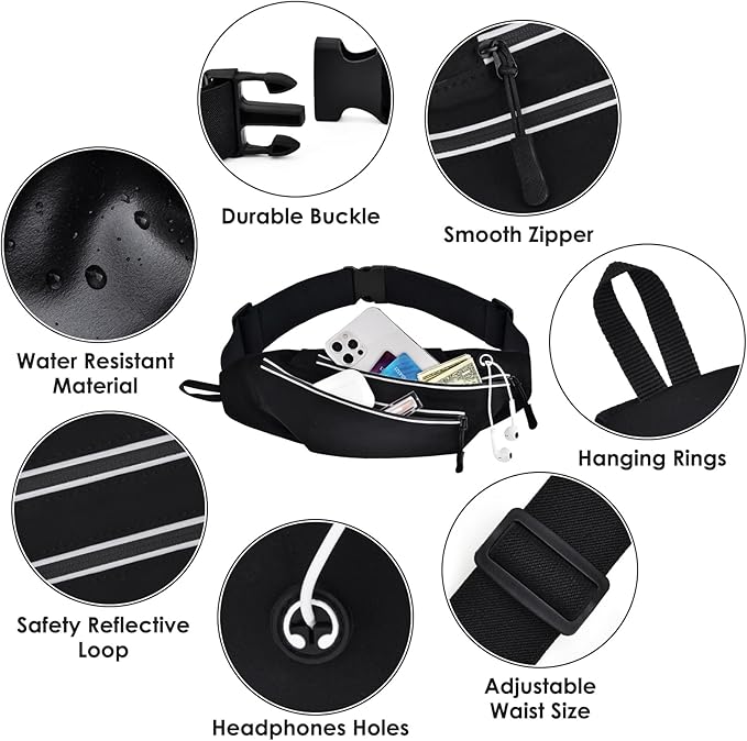 Running Belts for Men Women, Running Fanny Pack with 2-Zipper Pockets, Waterproof Waist Pack Phone Bag Carrying All Phones, Reflective Runners Belt Jogging Pocket Belt