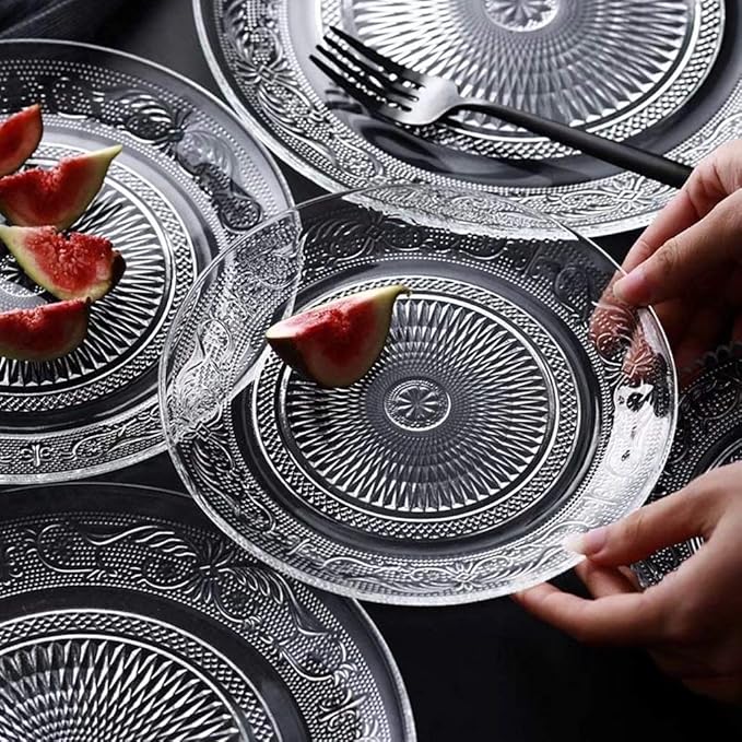 Bowls Vingate Creative Embossed Glass Plate Round Transparent Fruit Tray Home Kitchen Cake Dried Fruit Salad Plate (Size : 10"620g)