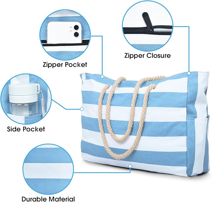 Becokan Beach Bags for Women Large Waterproof Beach Tote Bag Zipper Beach Bag Waterproof Sandproof Swim Pool Bag Large Tote