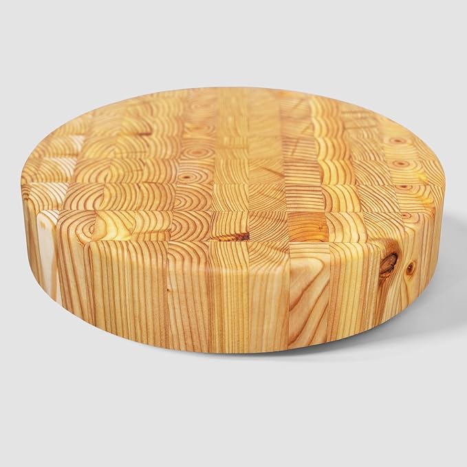 Larch Wood Canada End Grain Round Cheese Cutting Board, Standard Line, Handcrafted for Professional Chefs Home Cooking, 10" Diameter and 2" Thick