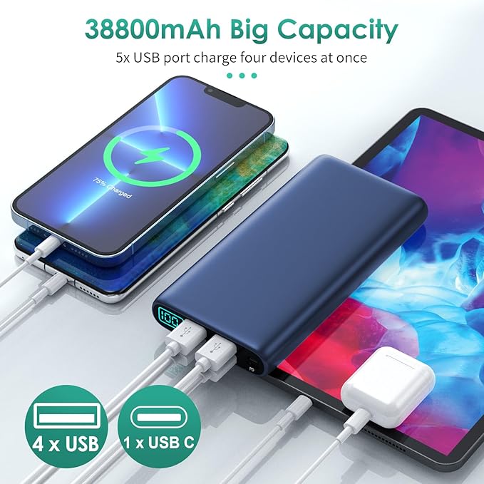 Portable Charger 38800mAh,LCD Display Power Bank,5 USB Outputs Battery Pack Backup,USB-C inout Dual Input Phone Charging Compatible with iPhone 16151413 Pro,Android Samsung Galaxy Pixel Nexus-Blue