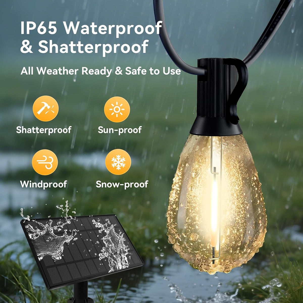 HJQ 60FT Solar String Lights Outdoor Waterproof, Solar Powered Patio Lights with Remote & USB Port, 20+1 LED Shatterproof Bulbs, 3 Modes, Dimmable Solar Hanging Lighting for Yard Garden Party