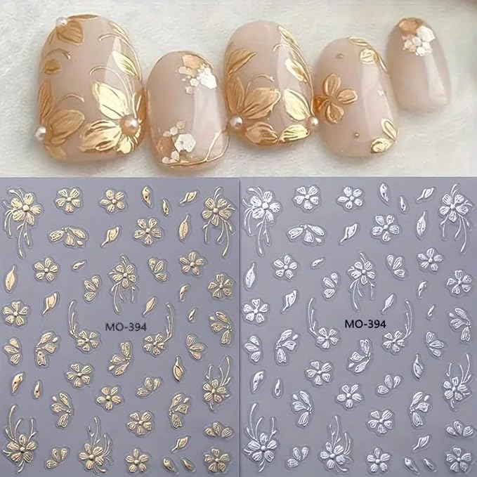 Flower Nail Art Stickers Decals 5D Embossed Nail Stickers Bronzing Floral Nail Decals Flower Butterfly Leaf Nail Design Spring Summer Nail Supplies Gold Flower Nail Accessories for Women DIY Nail Art