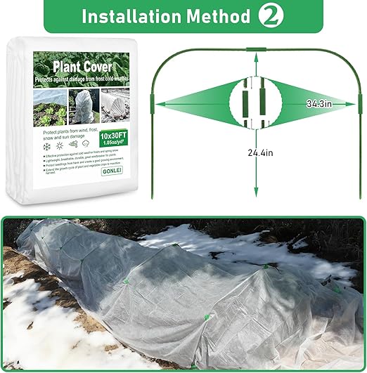 GonLei Plant Covers Freeze Protection Kit 10x30 ft Plant Blanket (6 Pcs Garden Hoops & 18 Clips) Frost Cloths for Outdoor Plants Garden Row Covers 1.05oz/yd² Plant Covers for Winter