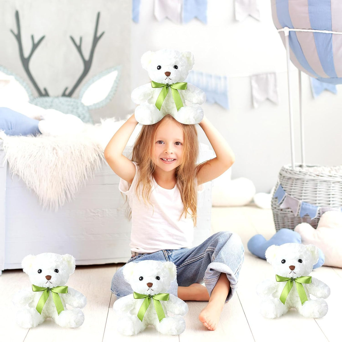 Hungdao 4 Pcs Bears Bulk Gifts Plush Bear Stuffed Animals 10 Inch Cute Soft Stuffed Animals with Green Bows for Baby Shower Birthday Party Favor Centerpiece Decoration(White)