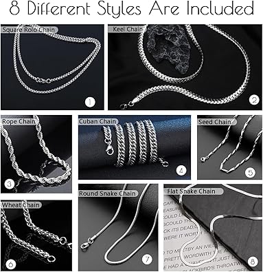 Stino 8PCs7PCs Stainless Steel Chain Necklace for Men Women - Bulk Silver Tone Necklace Chains for Jewelry Making, Figaro, Snake, Cuban Link, Rope