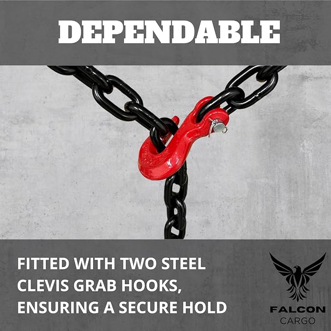 12" X 10' Grade 80 Transport Binder Chain - 12,000 LBS WLL - Clevis Grab Hook, Tie-Down, Towing