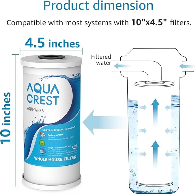 AQUA CREST FXHTC 5 Micron 10" x 4.5" Whole House Water Filter Replacement for GE FXHTC, GXWH40L, American Plumber W10-PR, W10-BC, Culligan RFC-BBSA, GXWH35F, W50PEHD, Pentek R50-BB, Pack of 2