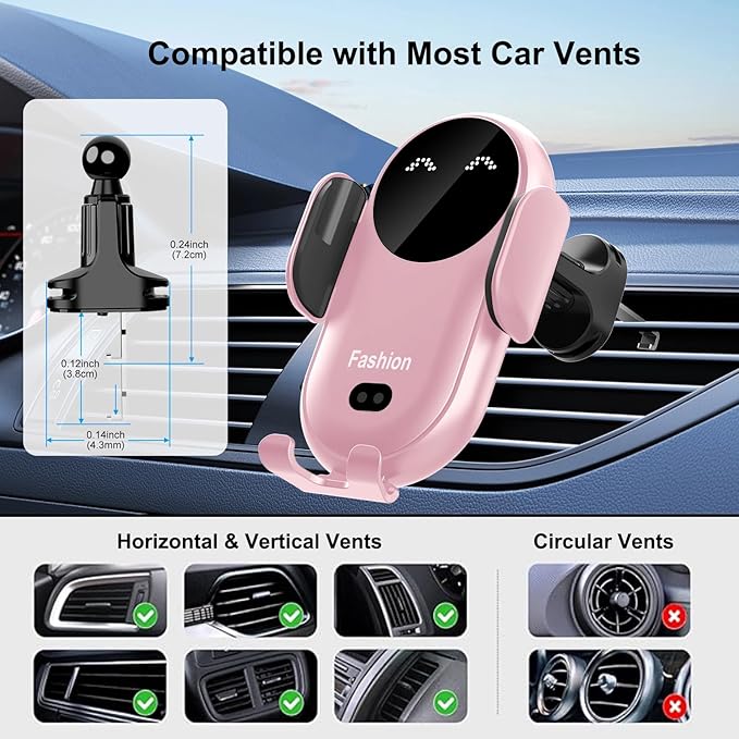 Wireless Car Charger Mount,MAX 15W Qi Fast Charger, Wireless Car Charger Air Vent, Automatic Clamping Phone Holder for iPhone 1615141312 ProPro Max, Samsung S22S21S20Note 20, etc(Pink)