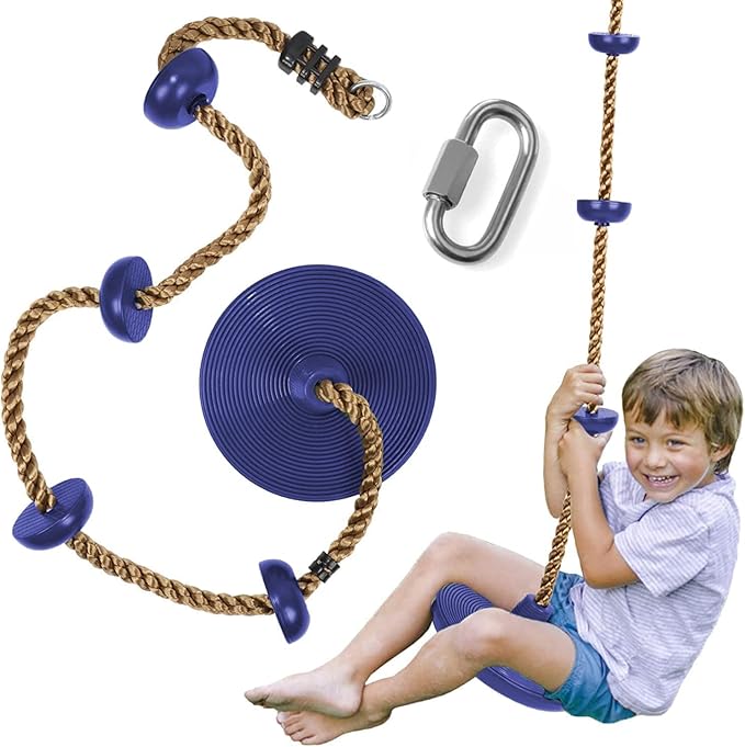 REZNOR Platforms Disc Tree Swing Seat and Climbing Knot Rope with Carabiner Hook for Kids Outdoor Playground Set (Blue)