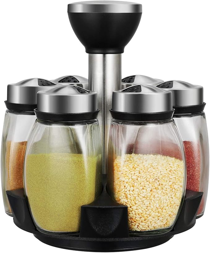 6-Jar Revolving Spice Rack Organizer Holder, Kitchen Countertop Seasoning Stand Organizer Include 6 Glass Jar Bottles, Great Gift For Chefs Foodies (Spices Not Included)