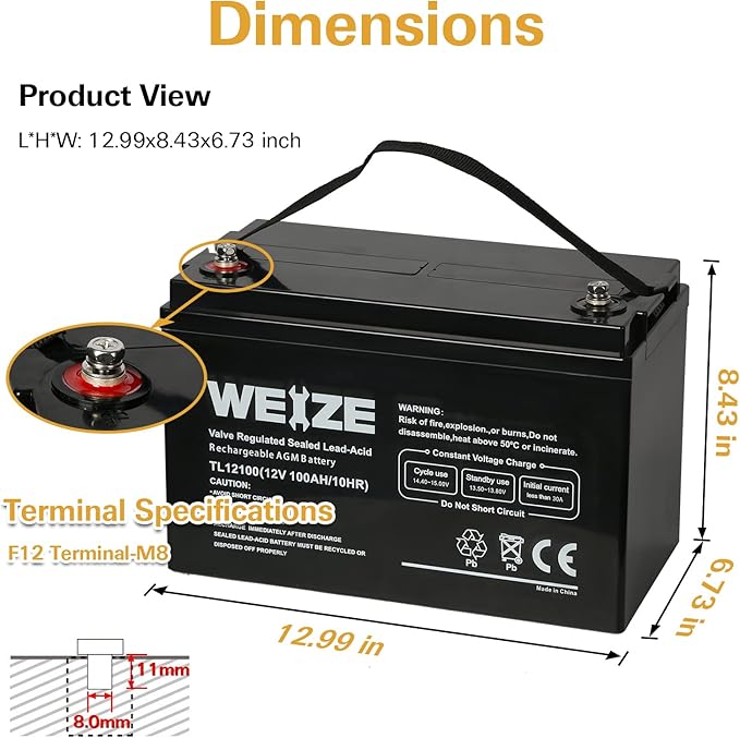 Weize Deep Cycle AGM 12 Volt 100Ah Battery, Maintenance-Free, 3 Self-Discharge Rate, 1150A Max Discharge Current, Perfect for RV, Solar, Trolling Motor, Wind, Marine, Camping and Off-Grid System