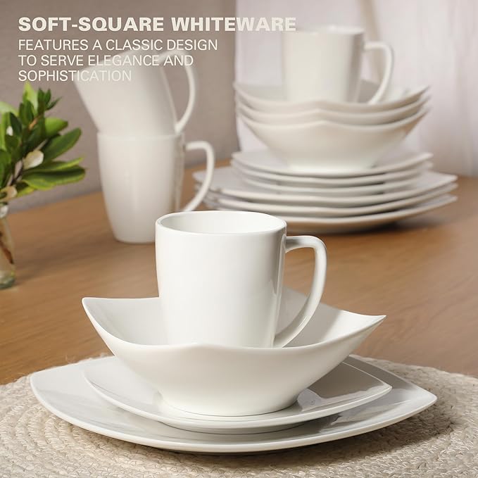 Gibson Home Zen Buffet Porcelain Chip and Scratch Resistant Dinnerware Plates, Bowls, and Mugs Set White (Square Dishes)