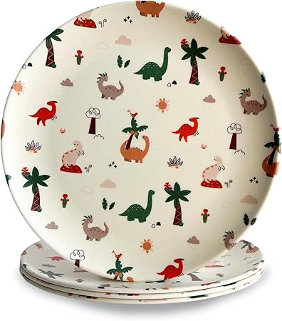 Nook Theory 4 Pack Reusable Bamboo Plates - Non-Toxic Toddler and Kids Plate, Dishwasher Safe, Not Microwavable Dinnerware (Dino 10")