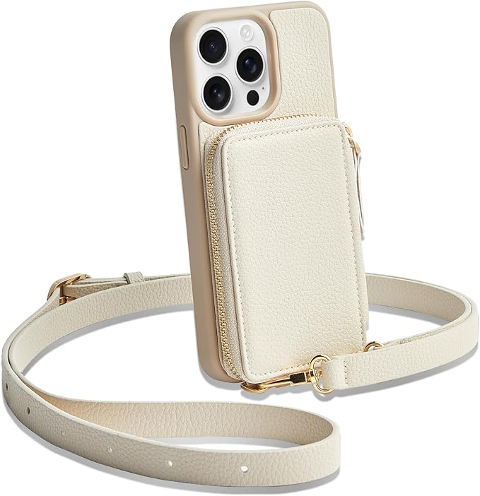 ZVE for iPhone 13 Pro Max Wallet Case Crossbody, Phone Case with Card Holder Wrist Strap, Zipper Leather RFID Blocking Purse Cover Gift for Women for iPhone 13 Pro Max, 6.7", 2021- Beige