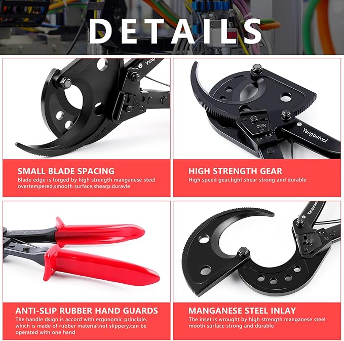 Yangoutool Ratcheting Cable Cutters up to 400mm2 22.5mm0.89 inches Heavy Duty Aluminum Copper Ratchet Wire Cutter for Cutting Electrical Wire