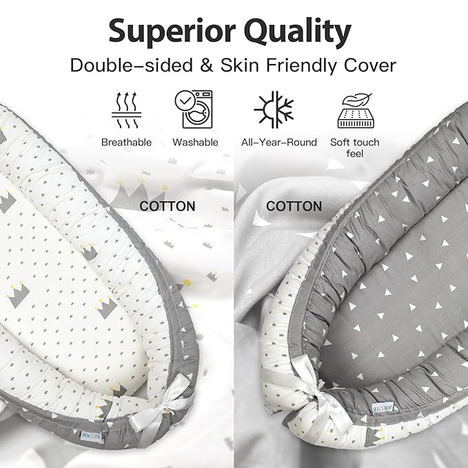 Baby Lounger for Newborn Cover - Newborn Lounger for 0-12 Months, Breathable Portable Infant Lounger - Adjustable Cotton Soft Baby Floor Seat for Travel, Newborn Essentials -Crown