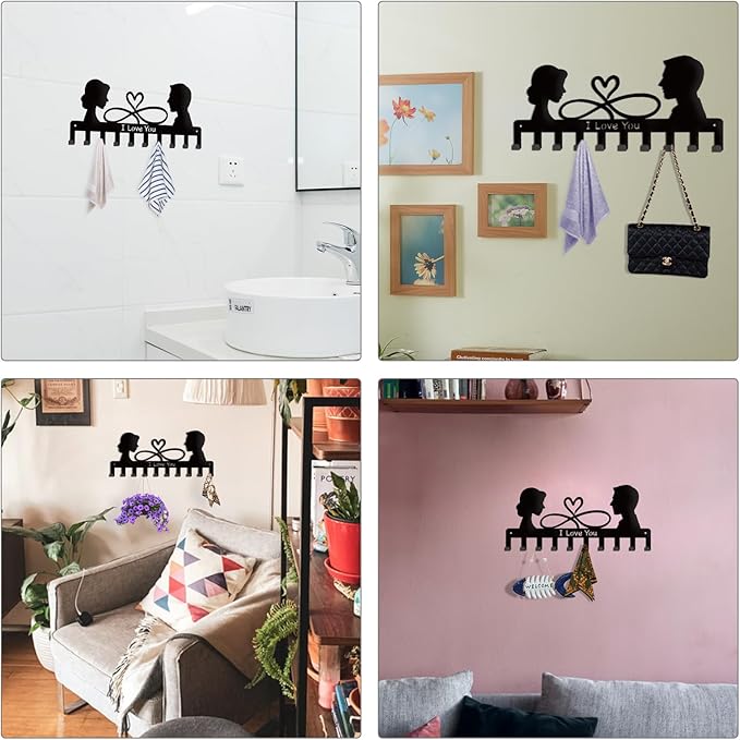 SUPERDANT I Love You Key Holder Couple's Silhouette Metal Key Organizer Decorative 10 Hook Key Hanger Rack Wall Mounted Entryway Key Belt Umbrella Hooks Personalized Key Hanger for Wall Door