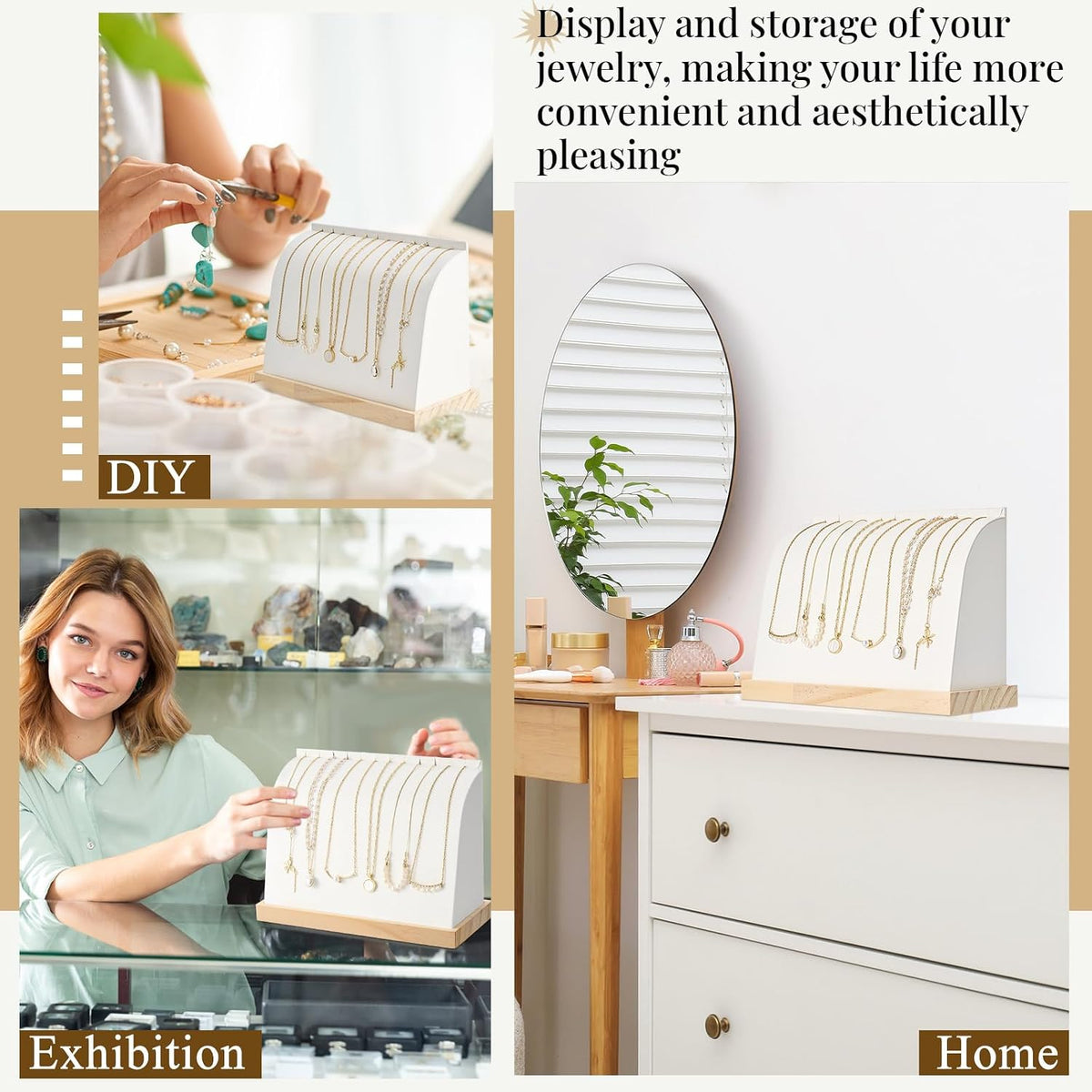 2 Pieces Cambered Wooden Necklace Display Stand with Soft Mat Necklace Holder Jewelry Display for Vendors Home Boutique Countertop Pendant Chain Chokers Organizer Pendant (White,PU Leather)
