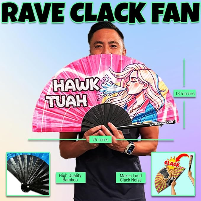 PandaTak Gay Pride Folding Hand Fans, Funny Large 13" Bamboo Fan with UV Reactive Ink, for LGBTQ Circuit Parties EDM Festivals and Raves (Hawk Tuah)