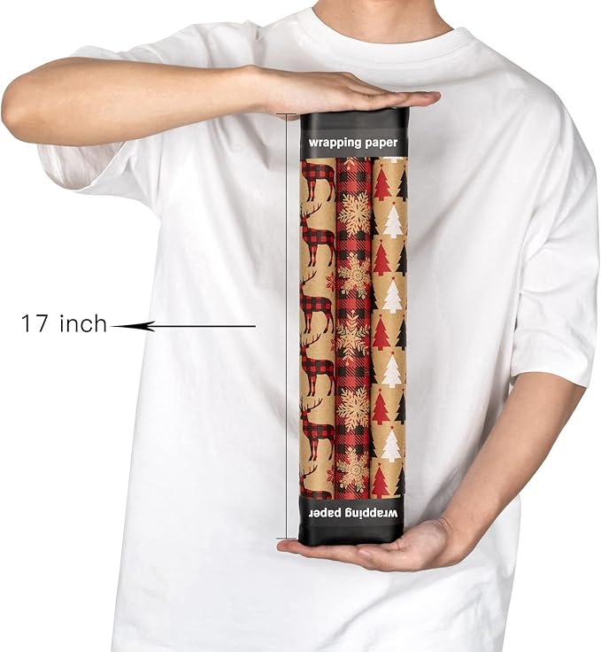 MAYPLUSS Kraft Christmas Wrapping Paper Roll - Mini Roll - 17 inch X 120 inch Per roll - 3 Different Red Reindeer Snowflakes Design (42.3 sq.ft.ttl)