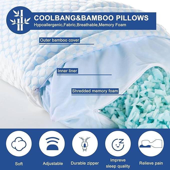 Cooling Pillow Soft Memory Foam Pillows Breathable, Adjustable Bed Pillows for Comfortable Sleeping, Queen Size Cooling Gel Pillow for Hot Sleepers (20"x 30") Supportive