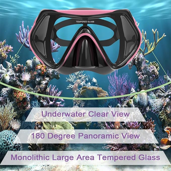 WACOOL Professional Snorkeling Snorkel Diving Scuba Package Set with Anti-Fog Coated Glass Purge Valve and Anti-Splash Silicon Mouth Piece for Men Women (Kids,Pink)