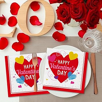 50-Pack Valentine's Day Napkins 3-Ply - Love-Heart Themed Disposable Paper Napkins for Romantic Celebrations - 6.5" Red Heart Napkins Valentine's Day Party Supplies & Decorations