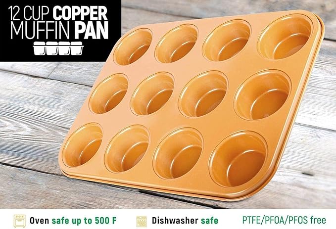 Non Stick Ceramic Coated Copper Muffin Pan 12 Cups Professional Healthy cupcake pans Even Baking, Dishwasher and Oven Safe