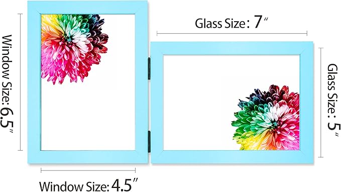 Vertical Horizontal Combo, Double 5x7 Soft-Blue Wood Foldable Picture Frame, Opening 4.5x6.5, Desktop or Wall Mounted, Portrait and Landscape View