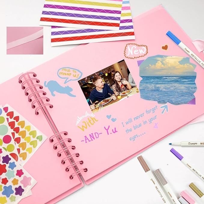 EVNEED 11.5 x 8.5 Inch Scrapbook Photo Album,Wedding Guest Book Anniversary Memory Scrapbooking,Wedding Photo Album with DIY Accessories Kit for Craft Paper DIY,Xmas Gift,80 Pages (40 Sheets),Pink