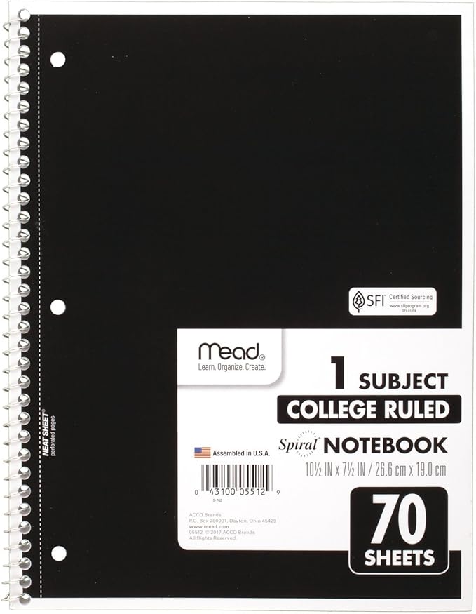 Mead Spiral Notebooks, 1 Subject, College Ruled, 70 Sheets, Black (05512AA5)