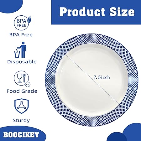 Blue Plastic Plates,7.5 Inch Blue Dessert Plates,White with Blue Rim Premium Plastic Appetizer PlatesSmall Cake Plates for Weddings Easter Graduations Party