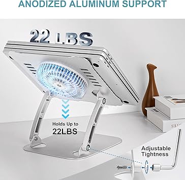 Laptop Cooling Stand with 3 Speed Fan, Adjustable Height Laptop Stand for Desk, Ergonimic Aluminum Laptop Cooling Pad for 10-15'' Notebook - Silver
