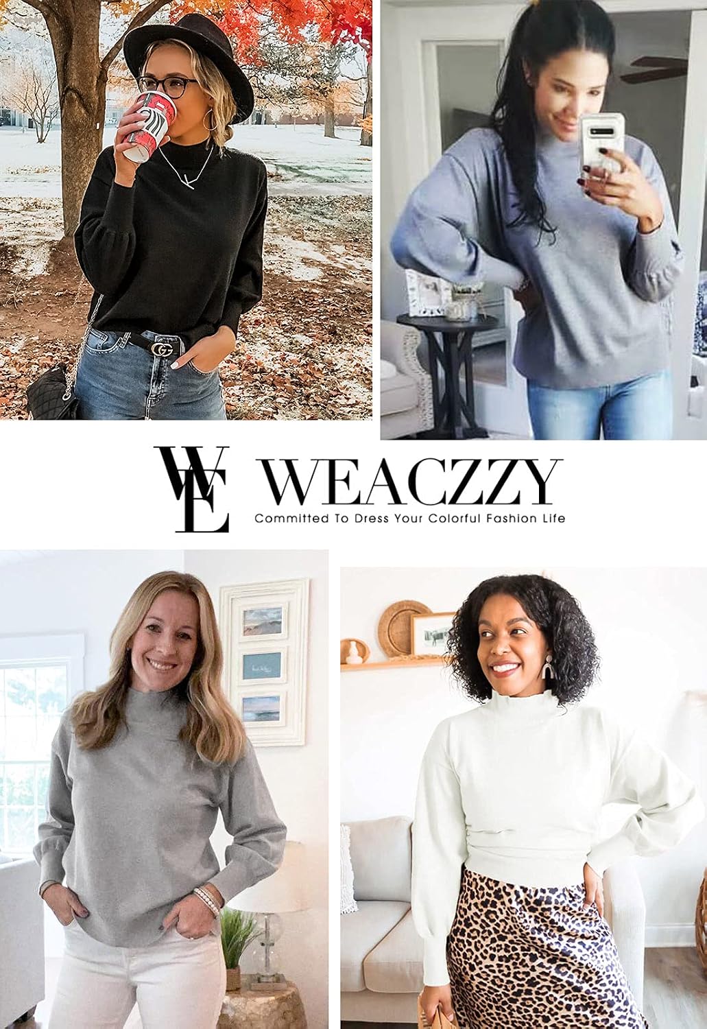 WEACZZY Women's 2026 Fall Fashion Casual Sweaters Mock Neck Long Lantern Sleeve Lightweight Knit Pullover Sweater Tops