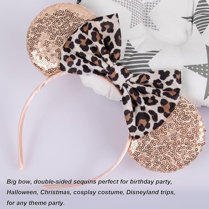 CHuangQi Mouse Ears Headband with Shiny Bow, Double-sided Sequins Glitter Hair Band, for Birthday Party Celebration Event (XC11)