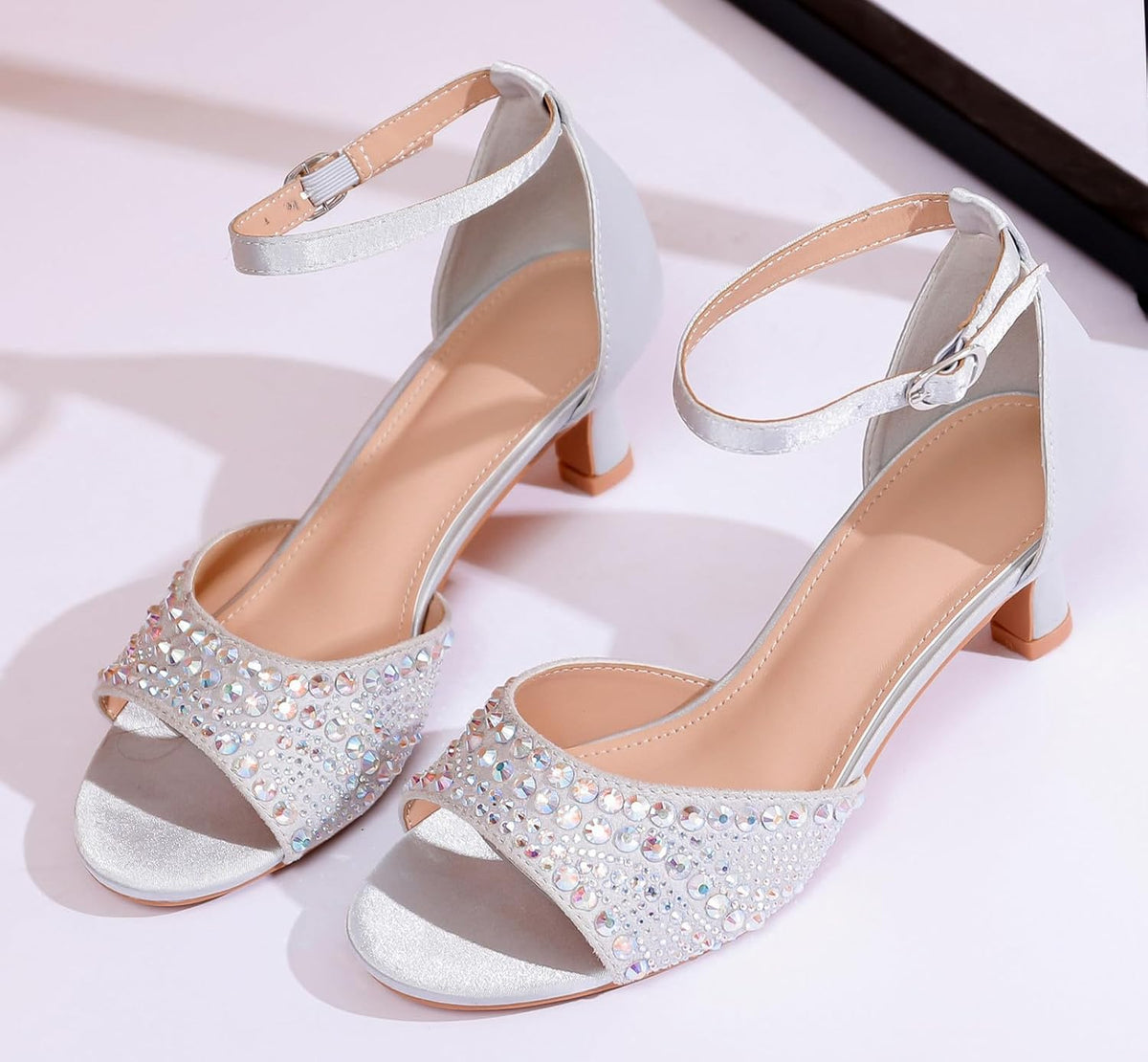 DADAWEN Women's Dressy Rhinestone Low Kitten Heel Ankle Strap Open Toe Sandals Dress Shoes Pump Sandals for Wedding Party Evening.