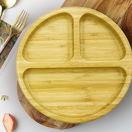 Wooden Bamboo Round Sectional Plates, Fun Baby Led Weaning Dishes with Suction Cup for Toddlers