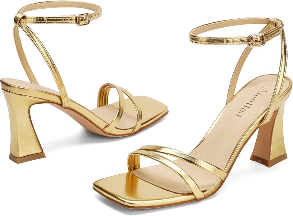 AIUNIIND Chunky Heels for Women, Square Open Toe Strappy Sandals, 3.15 Inch | High Thick Heel Shoes, Adjustable Ankle Strap, Comfortable, for Dress, Wedding, Evening Party, Prom