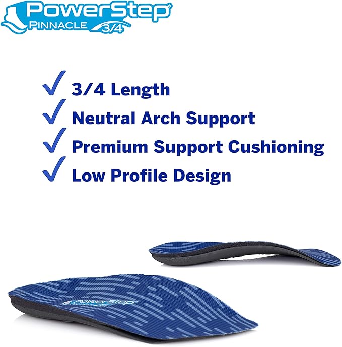 PowerStep Insoles, Pinnacle 34 Thin, Arch Pain Relief Insole, For Tight Shoes, Arch Support Orthotic For Men's 5-6.5 Women's 7-8.5
