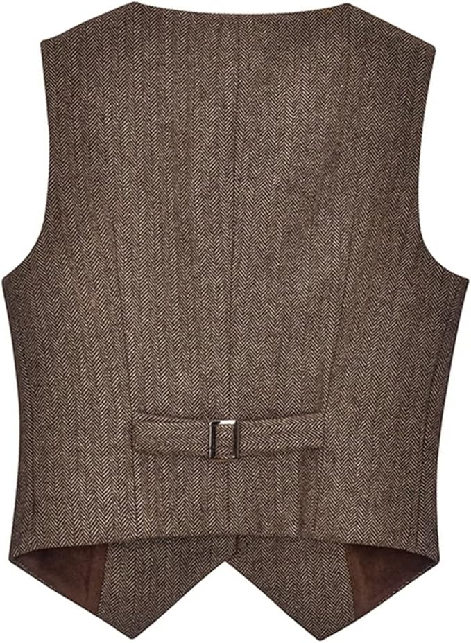 Womens Herringbone Tweed Sleeveless Single Breasted Waistcoat Casual Office Wear Vest Jacket