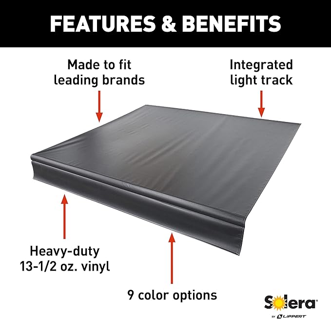 Solera Universal Fit Heavy-Duty Vinyl RV Patio Awning Replacement Fabric Solid Black 14' Awning (13'4" Fabric)