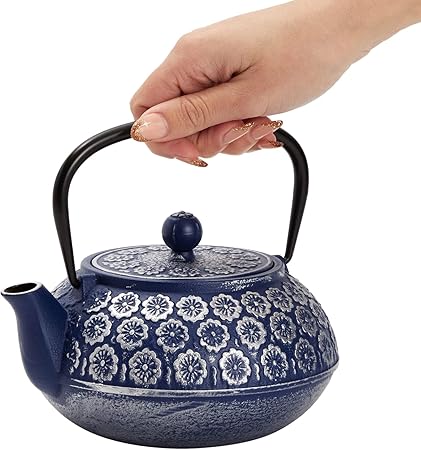 Japanese Cast Iron Teapot with Infuser for Loose Leaf and Tea Bags, Kettle Includes Handle and Removable Lid (Blue, 34oz)