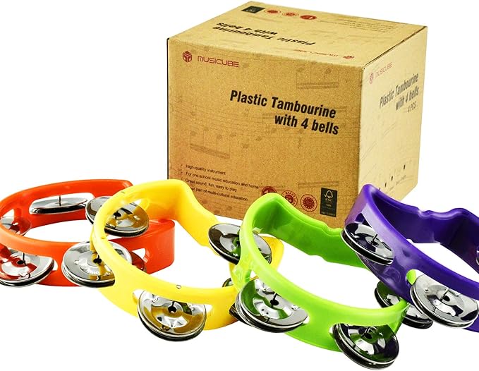 MUSICUBE Tambourine for Adults Kids 5 Pcs Plastic Percussion Tambourine with 4 Bells Hand Bell Musical Toys for Toddler Musical Rhythm Instrument for Kindergarten, Family and School Party Supplies