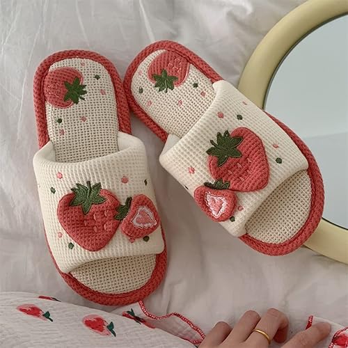 Women Kawaii Slippers Indoor Linen Slippers Strawberry Linen Cotton Slippers Home Floor Non-Slip Slides