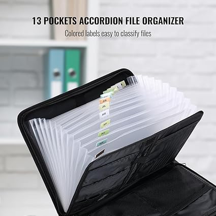 Expanding Accordion File Organizer with Handle, Fireproof Document Bag Organizer, 13 Pockets Important Documents Folder with Zipper & Labels for Letter A4 Files and More