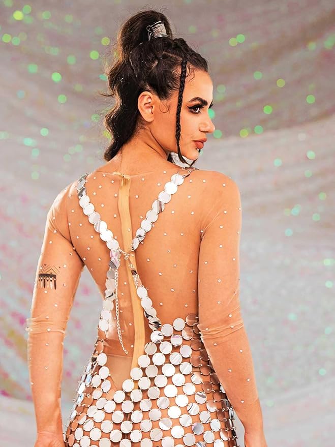 GORAIS Sparkly Sequin Chainmail Dress Dots Dance Mini Dresses Nightclub Bikini Body Chain Dress for Women